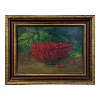 Mid 20th Century Oil Painting Still Life Bowl of Cherries, Gold Frame Art, Green Accents For Sale