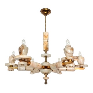 Italian Onyx Brass Vintage Marble Chandelier Lighting Ceiling Fixture Light 6 Arms For Sale