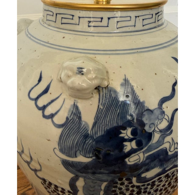Chinoiserie Hand Painted Ceramic Ginger Jar Dragon Lamp With New Silk Shade For Sale - Image 4 of 7