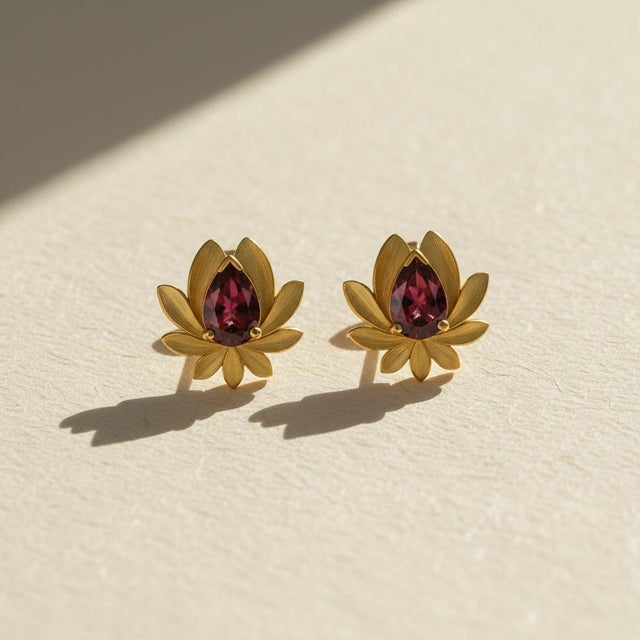 Sculptural Garnet Lotus Stud Earrings. Textured Lotus Flower Stud Earrings with Pear-Cut Garnets. Nature-Inspired Garnet...