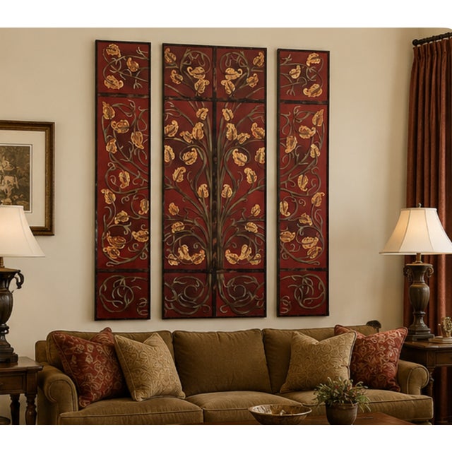 Hollywood Regency Oversized Burgundy Gold Tree of Life Wood Wall Art – 3-Piece Sculpture Decor For Sale - Image 3 of 4