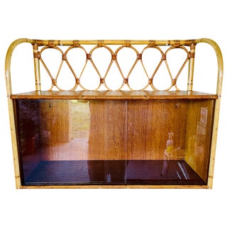 Vintage Rattan and Bamboo Wall Shelf with Glass Doors Cabinet, 1960s For Sale
