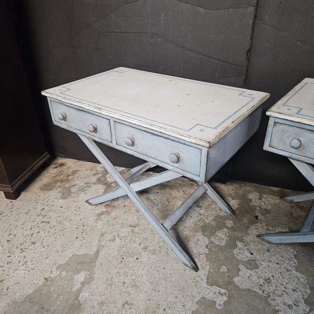 Mid 20th Century Pair of Blue Painted Single Drawer X Frame Side Tables With Blue Accent Line on Top For Sale - Image 10 of 15