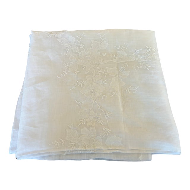 Vintage French Embroidered Organdy Tablecloth and Napkin Set, 1930, Set of 13 For Sale