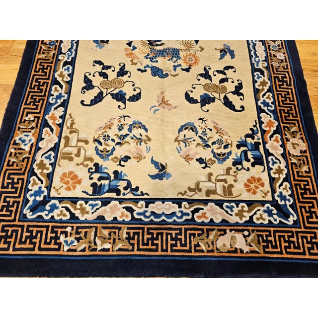 Ivory Vintage Chinese Art Deco Area Rug, Hand-Knotted Wool Pile, Ivory Field, 5' X 7' For Sale - Image 8 of 12