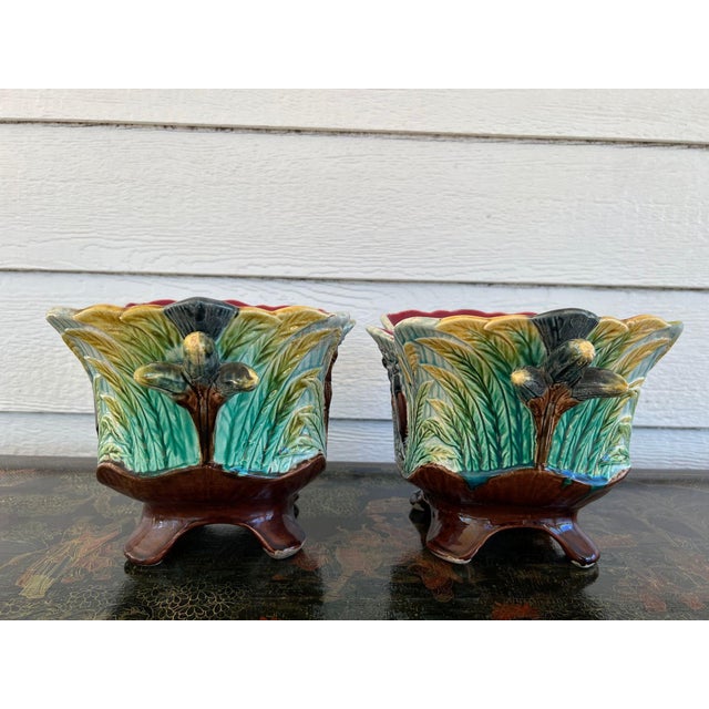 Ceramic Pair Antique French Majolica Jardinières Insect Musician Cache Pot Planter C1880 For Sale - Image 7 of 18