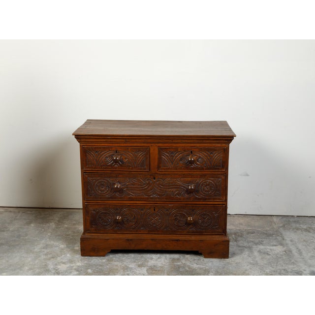 Early 19th Century English Georgian Period 1800s Oak Chest with Four Drawers and Carved Motifs For Sale - Image 5 of 12