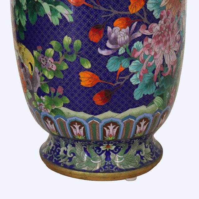 Pair 25" Antique Large Chinese Figural & Floral Cloisonne Enameled Urns C1920 For Sale - Image 10 of 14