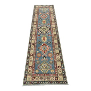 Kazak Runner 2’9” X 9’6” Blue Wool Tribal Hand-Knotted Oriental Rug For Sale