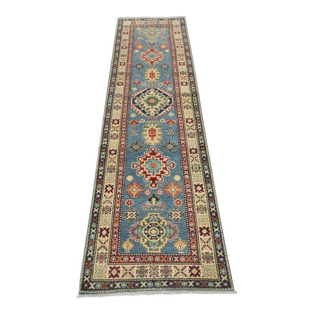 Kazak Runner 2’9” X 9’6” Blue Wool Tribal Hand-Knotted Oriental Rug For Sale