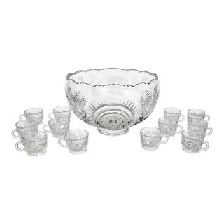 Vintage Pressed Glass Punch Bowl Set With 12 Matching Cups For Sale
