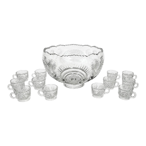 Vintage Pressed Glass Punch Bowl Set With 12 Matching Cups