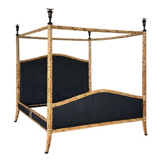 Monumental British Colonial Bamboo Black Rattan Weave Four Poster Canopy King Bed For Sale