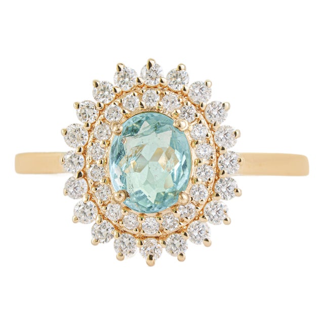 14k Yellow Gold 1.18 Ct Oval Paraiba Tourmaline & Diamond Double Halo Ring Size 5 For Sale