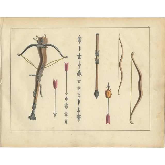 19th-Century Hand-Coloured Lithograph of Medieval Crossbow, Arrows, and Bows : This beautifully hand-coloured lithograph...