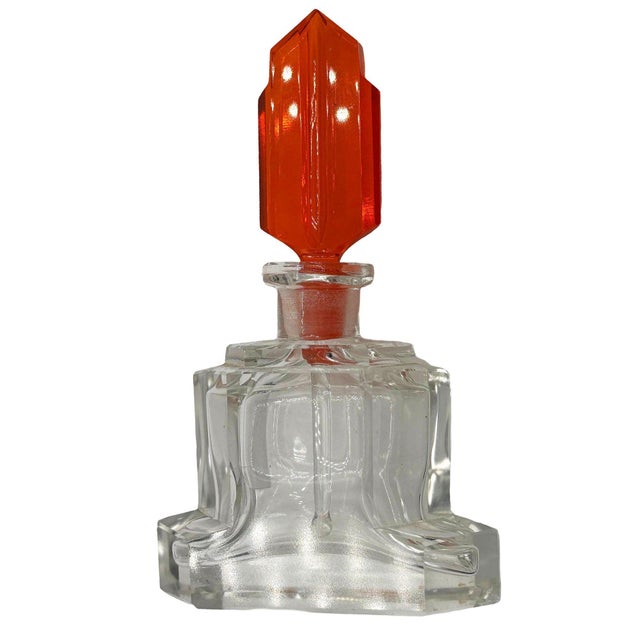 1930s 1930s Art Deco Karl Palda Style Geometric Crystal Perfume Bottle W/ Coral Red Stopper For Sale - Image 5 of 9