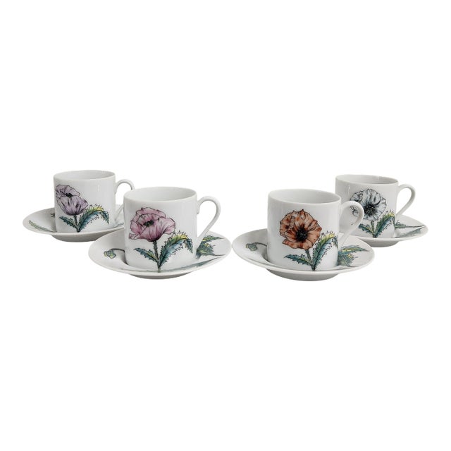 Taste Setter Collection Botanical Poppy Demitasse Cups & Saucers — Set of 4, Garden-Inspired Floral Porcelain For Sale