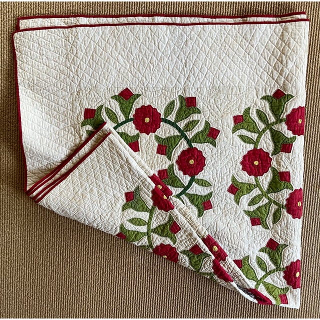 Red Antique Late 19th / Early 20th Century Hand Sewn Marriage Quilt With Rose of Sharon Wreaths For Sale - Image 8 of 10