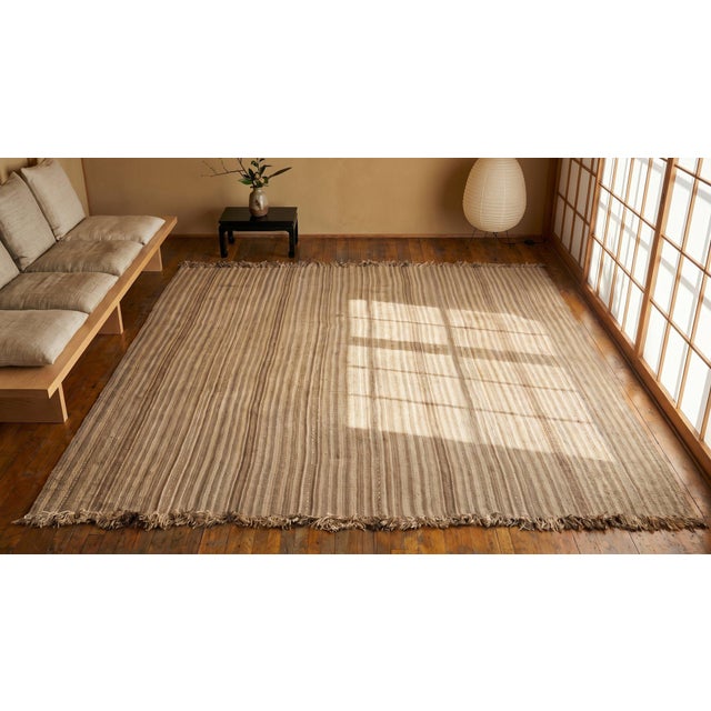 Textile 1930s Tan Camel Stripe Antique Kilim n.w. Persian Rug 10'10" X 11'3" Flatweave Wool Carpet For Sale - Image 7 of 9