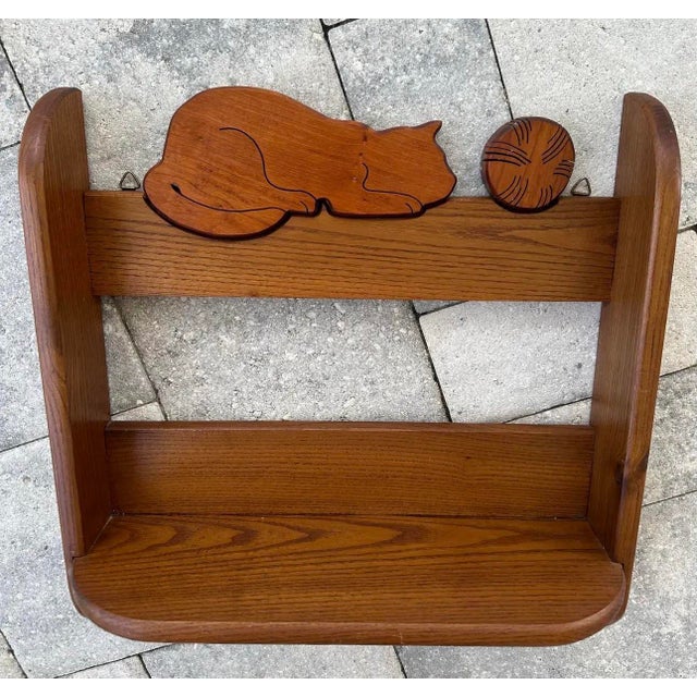 Wood Vintage Mid-Late 20th Century Hand Crafted Oak Wall Shelf With Carved Cat For Sale - Image 7 of 10