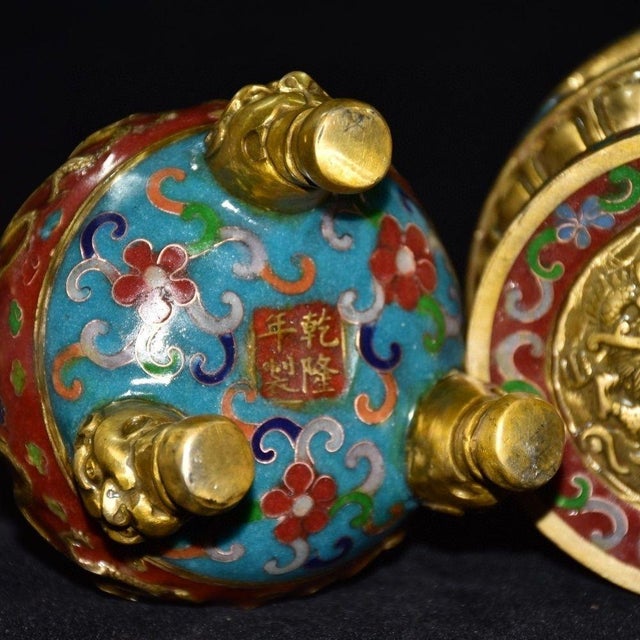 Mid 20th Century Pair of Vintage Cloisonné Enamel & Gilt Bronze Pagoda Censers / Shrine Vessels For Sale - Image 5 of 9