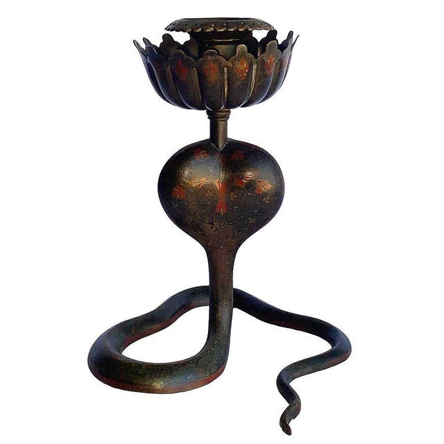 20th Century Hand Etched Persian Cobra Brass and Bronze Candle Holders, Pair For Sale - Image 9 of 12
