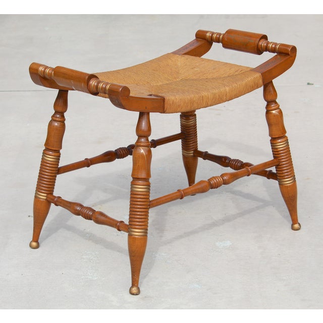 Mid-Century Modern Vintage Hitchcock-Style Maple Bench With Woven Rush Seat & Gold Stenciling For Sale - Image 3 of 18