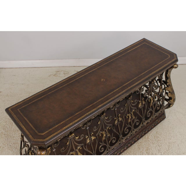 1980s Designer Metal Base Leather Top Console Table For Sale - Image 5 of 18