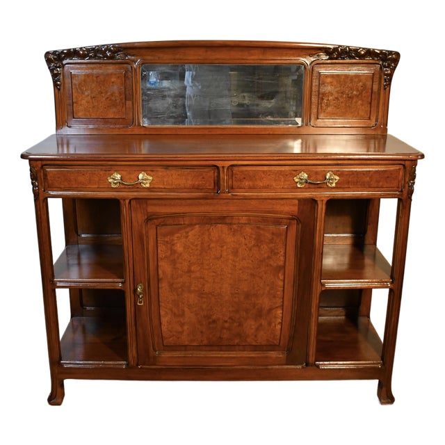 1900s Antique French Walnut & Burl Walnut Server / Buffet / Sideboard With Mirror For Sale