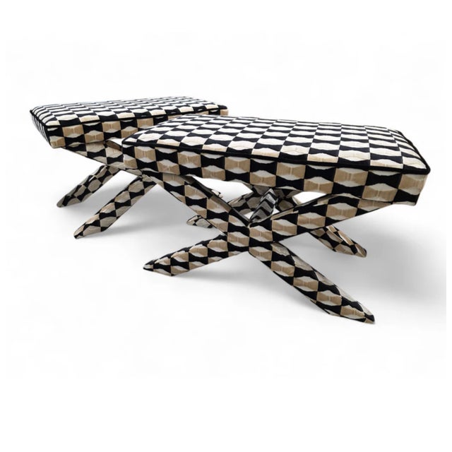 Mid Century Modern Designer X Base Ottomans/Benches Newly Reupholstered in a Kate Spade Bow-Tie Patterned Chenille Fabric...