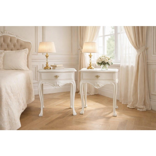 Rococo Mid 20th Century Pair of Portuguese Dom João v Attributed Style White Lacquered Bedside Tables | Pair | Gold Brass Hardware For Sale - Image 3 of 3