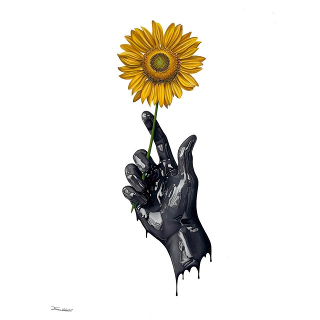 The artwork features a striking contrast between a vibrant sunflower and a glossy black hand delicately holding it. The...