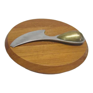 Mid 20th Century Dansk Teak Small Teak Cheese Board and Scarce Brass Handled Knife Danish Modern Denmark- 2 Pieces