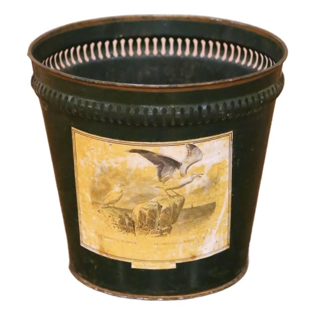 Early 20th Century French Green Tole Waste Basket With Bird Decoration For Sale