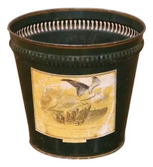 Early 20th Century French Green Tole Waste Basket With Bird Decoration
