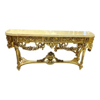 French Antique Console Table – Louis XVI Style With Gold Leaf & Marble Top For Sale
