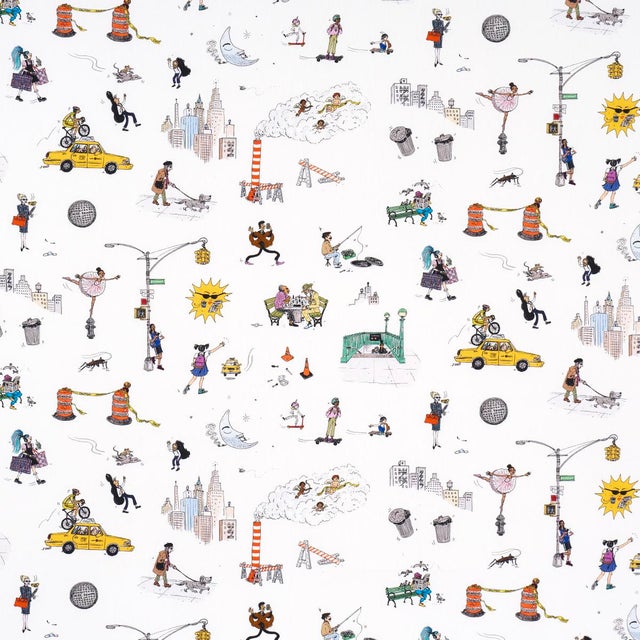 SAMPLE - Schumacher x The New Yorker Joana Avillez's Street Scenes Fabric In Multicolor On White For Sale