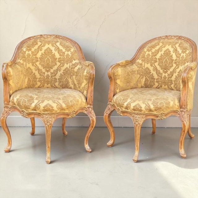 Italian Carved & Cerused Pine French Louis XV Style Barrel Tub Chairs - Pair For Sale - Image 15 of 16