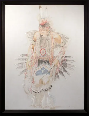 1980s "Feather Dancer II" Portrait Drawing on Canvas by David Peter Ramos, Framed