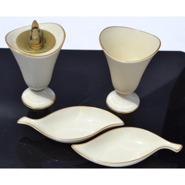 Art Deco 1960s Set of 4 Lenox Cream Ceramic Lighter Cigarette Holder Two Ashtrays Gold Trim For Sale - Image 3 of 14