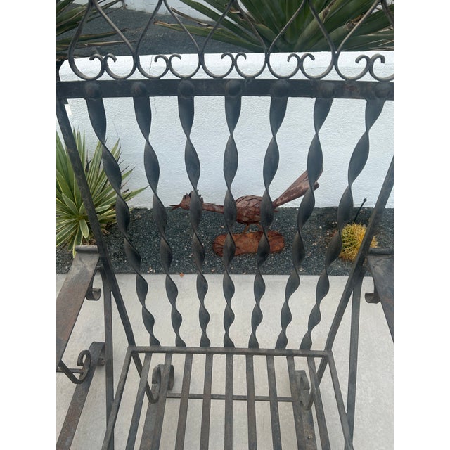 Spanish Revival Vintage Mid-Century Era Southwest Spanish Revival Wrought Iron Large Patio Garden Chairs Pair For Sale - Image 3 of 6