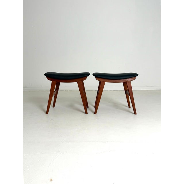 Teak Stool with Black Leather, 1960s, Set of 2 For Sale - Image 3 of 7
