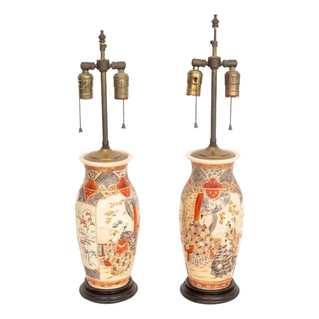 Japanese Satsuma Porcelain Vases as Lamps, Pair For Sale