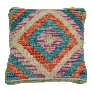 Arteverk Handwoven Afghan Kilim Pillow — Green & Purple Diamonds For Sale