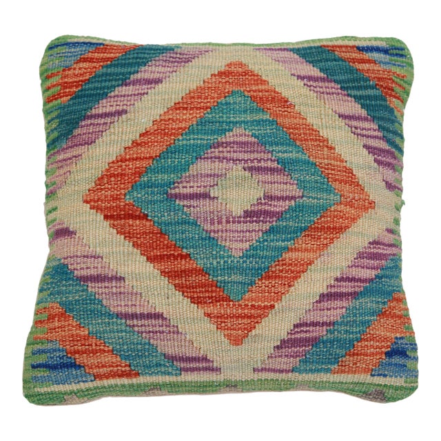 Arteverk Handwoven Afghan Kilim Pillow — Green & Purple Diamonds For Sale
