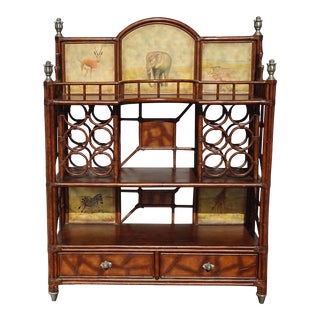 Vintage Bamboo Étagère Maitland Smith Style Book Case Cabinet W Painted Animals For Sale