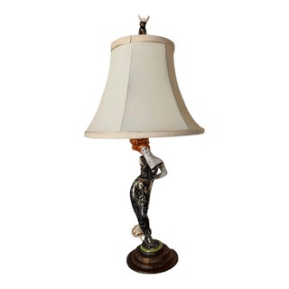 Vintage Mid-Century Modern Hand-Painted Porcelain Lady Table Lamp W/Porcelain Lady Finial For Sale