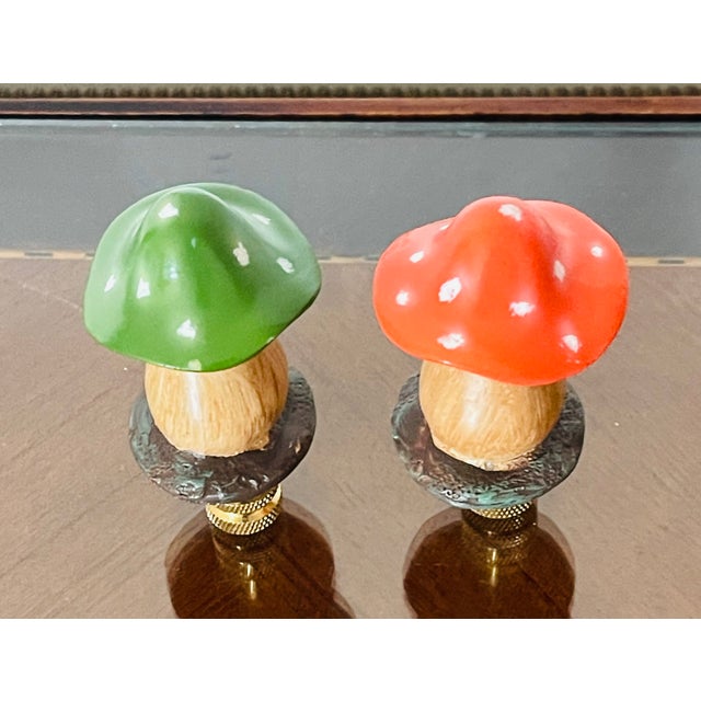Shabby Chic 1970s Cute Pair of Toadstool Mushrooms Lamp Finials For Sale - Image 3 of 4