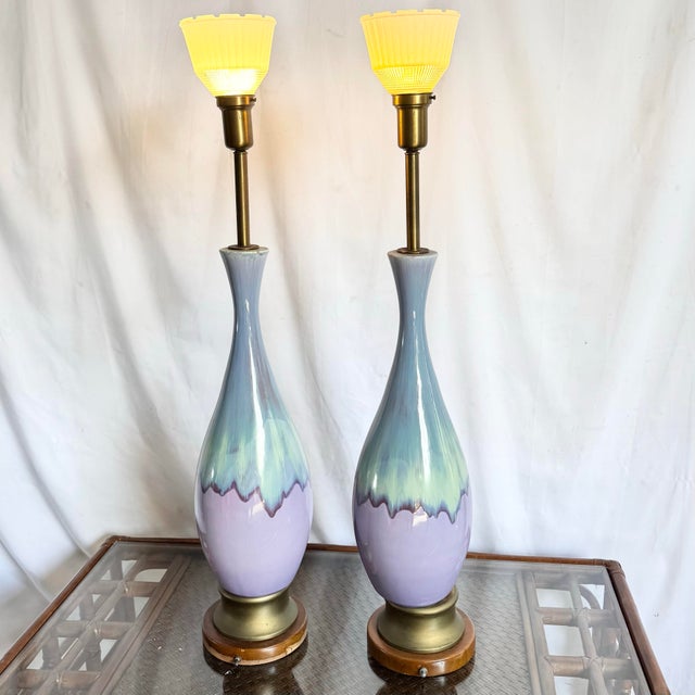 Mid 20th Century Mid Century Modern Lilac and Sky Blue Glazed Ceramic Table Lamps - A Pair For Sale - Image 5 of 10
