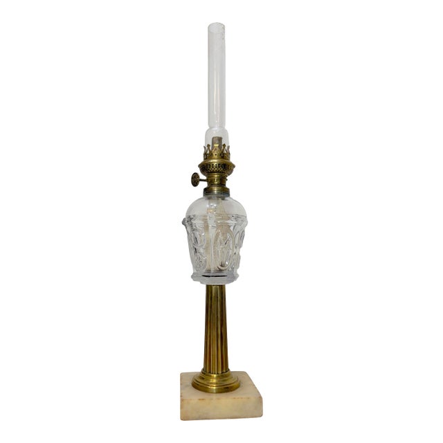 Rare Antique 19th Century Glass Brass Marble Boudoir Whale Oil Table Lamp For Sale